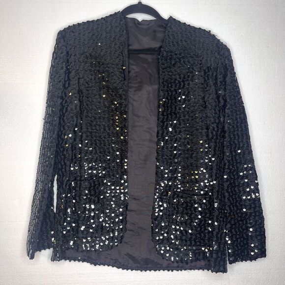 Miss H Vintage Black Full Sequined Open Front Cocktail Jacket 21x26 - Picture 1 of 7